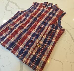 VTG 80s Plaid Quilted Full Zip Preppy Vest Jacket Red Blue Womens Size Large